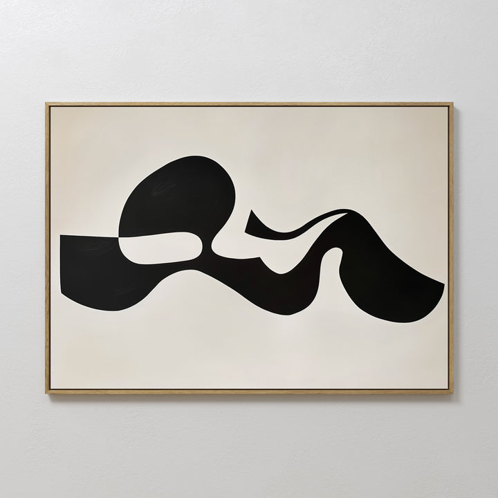Fluid Forms Abstract Canvas Art features a bold, black flowing shape with rounded edges on white, framed in light wood—ideal minimalist wall decor for any modern space.