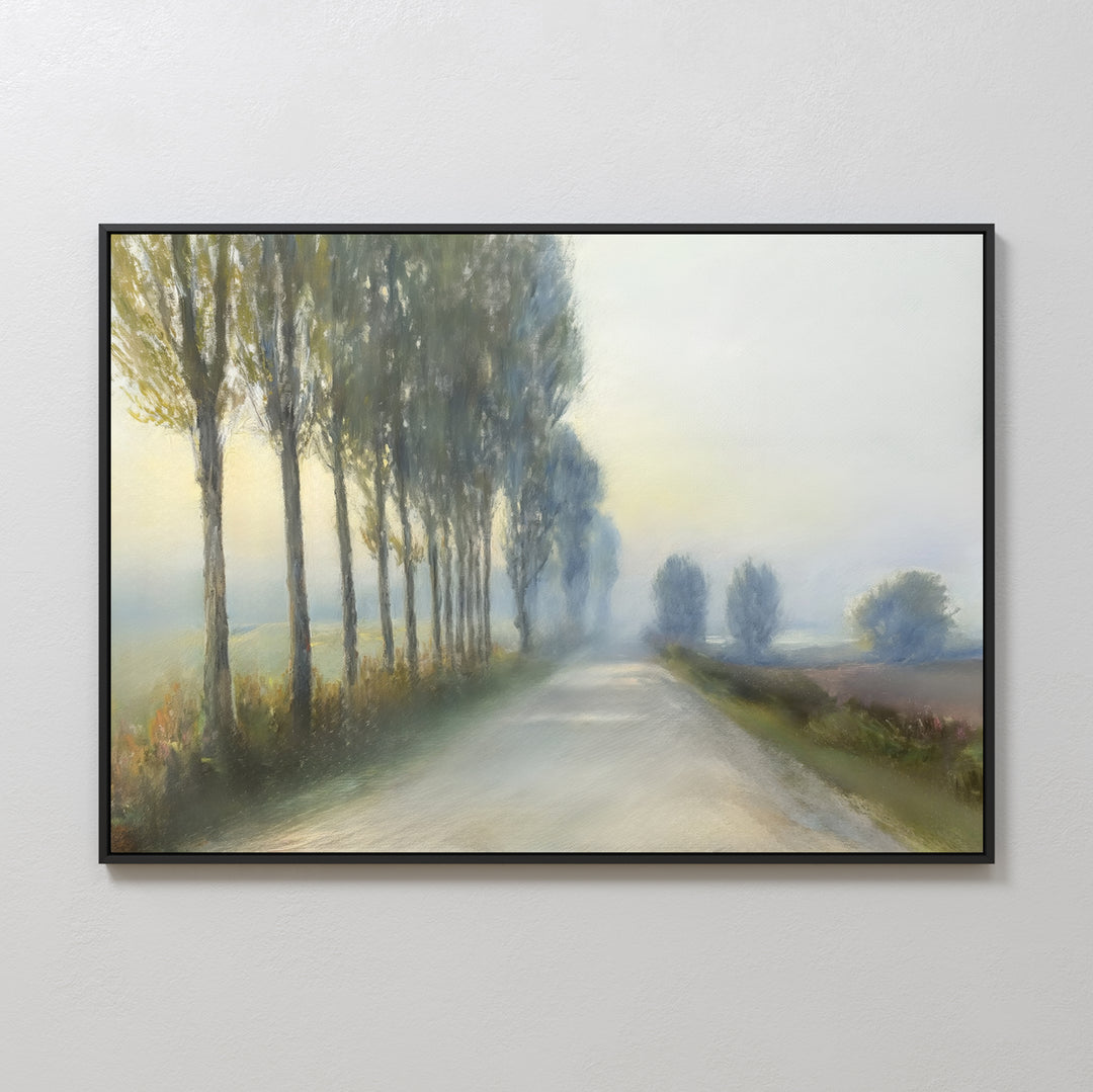 Forest Haze Canvas Art: Framed wall art featuring a country road bordered by tall trees, fading into a misty, soft-colored background for a calm, serene ambiance.
