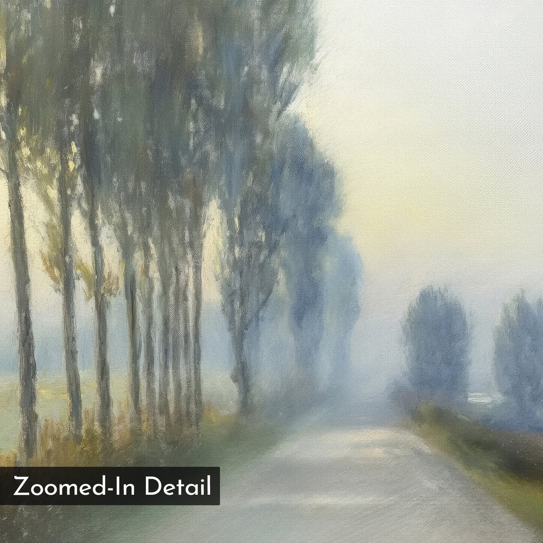 The "Forest Haze Canvas Art" features a soft-focus painting of a tree-lined road in misty weather, with tall trees on the left and a hazy sky. A corner label displays “Zoomed-In Detail.”.