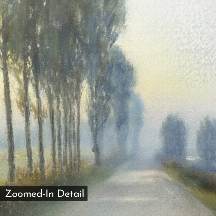 The "Forest Haze Canvas Art" features a soft-focus painting of a tree-lined road in misty weather, with tall trees on the left and a hazy sky. A corner label displays “Zoomed-In Detail.”.