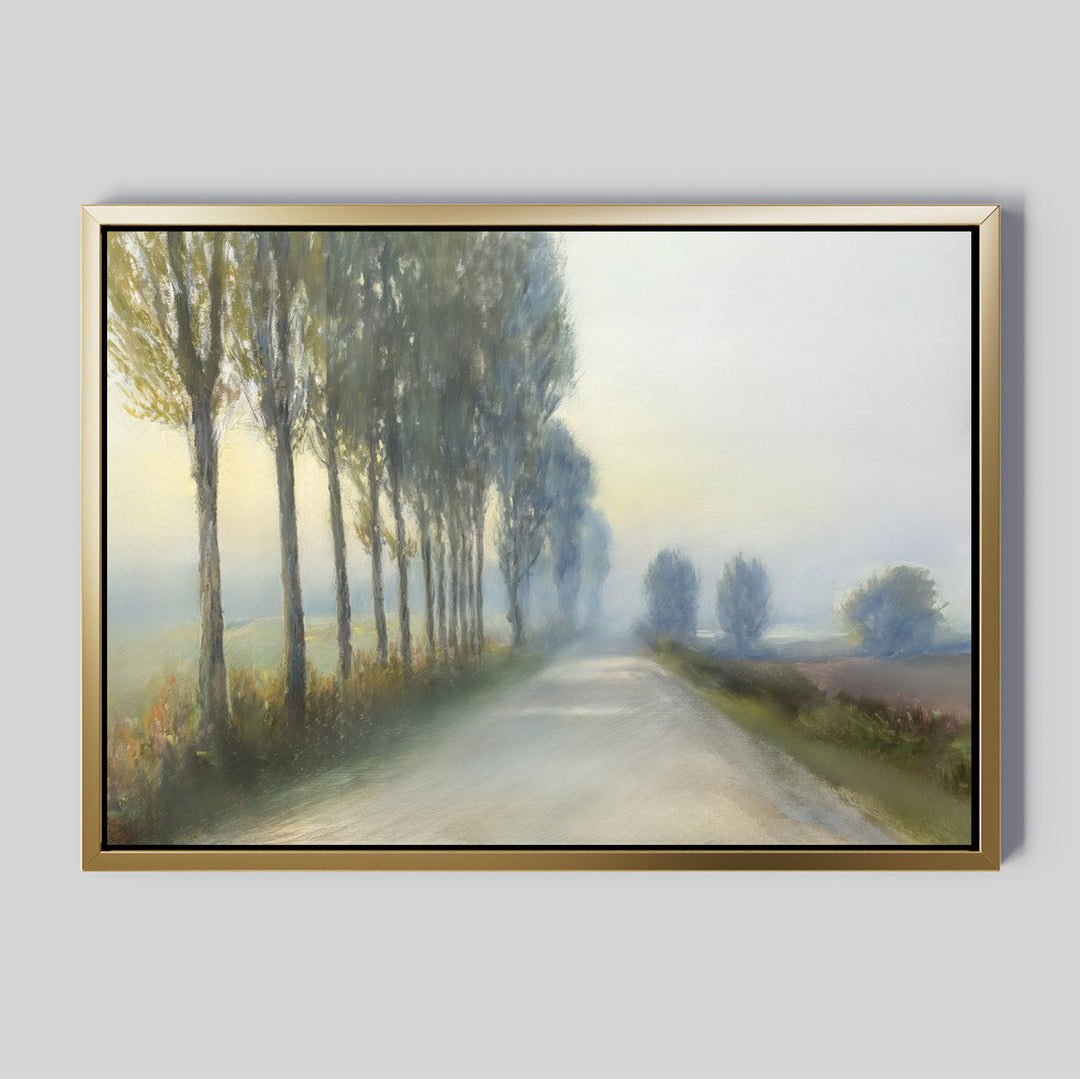 Forest Haze Canvas Art features a country road bordered by tall trees on the left, fading into a misty background—perfect wall decor to bring serenity and calm to any space.