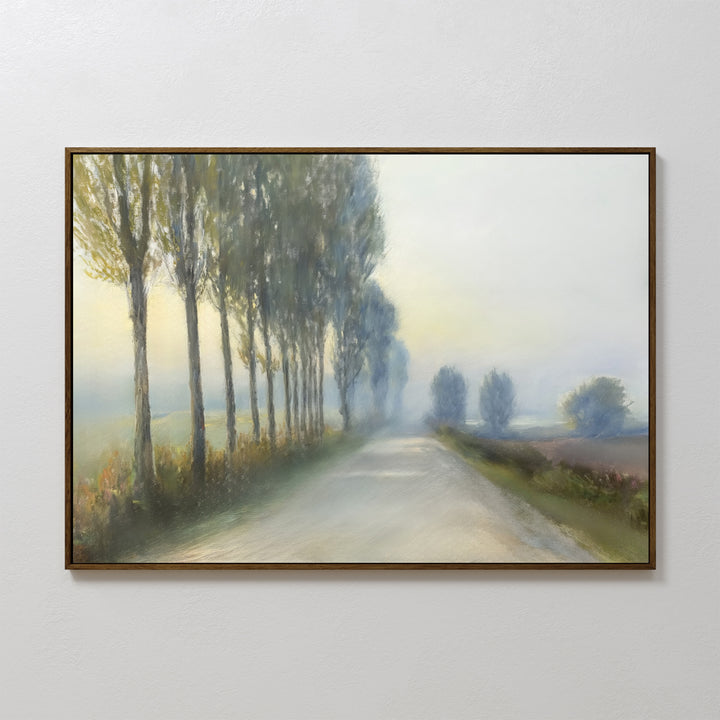 Forest Haze Canvas Art features a country road bordered by tall trees, fading into a misty background. This tranquil wall art adds serene beauty and softness to your space beneath a pale sky.