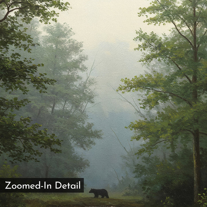 A misty forest with tall green trees and a small black bear walking below. Soft light filters through the fog for a serene mood. Forest Passage Canvas Art—ideal as rustic bedroom decor or forest green wall art. "Zoomed-In Detail" in lower left corner.