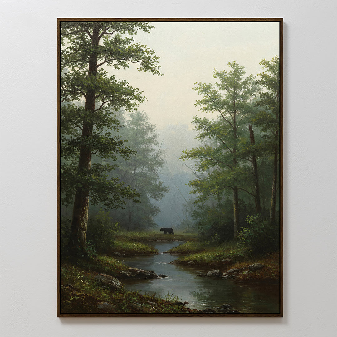 The Forest Passage Canvas Art features a misty forest with tall trees, a gentle stream, and a black bear by the water. Ideal for rustic bedroom decor, this serene wall art brings tranquil forest vibes to any space.