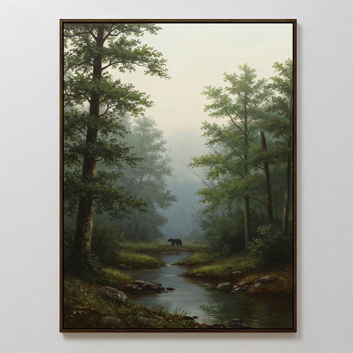 The Forest Passage Canvas Art features a misty forest with tall trees, a gentle stream, and a black bear by the water. Ideal for rustic bedroom decor, this serene wall art brings tranquil forest vibes to any space.