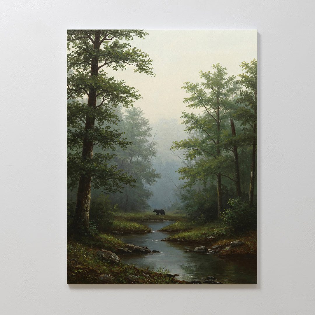 Forest Passage Canvas Art features a misty forest with tall trees, a small stream, and a black bear by the water—ideal as wall art or forest decor to bring tranquility to your rustic bedroom.