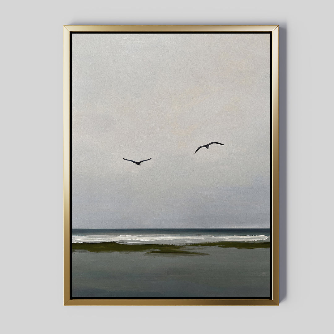 Freeflight Canvas Art: a framed painting featuring gentle waves, a cloudy sky, and two birds above the ocean on a light gray background—ideal minimalist wall art for creating serene, calming decor.
