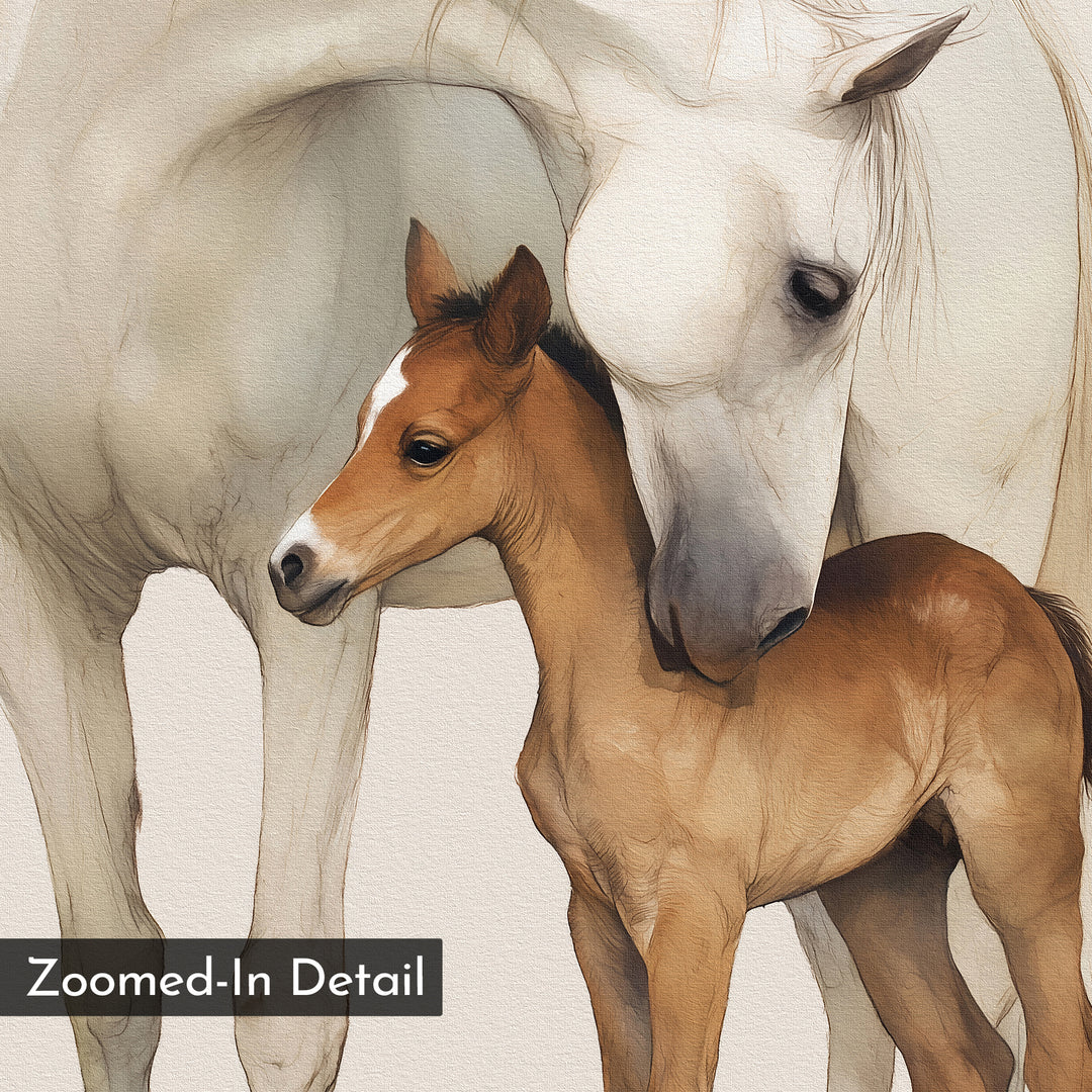 Gentle Bond Canvas Art showcases a white mare nuzzling a brown foal against a plain background. Ideal for elegant wall decor, it suits any neutral palette. “Zoomed-In Detail” is inscribed in the corner.