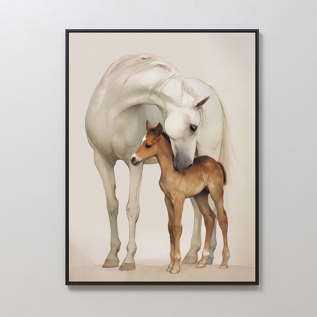 Gentle Bond Canvas Art features a white horse nuzzling a brown foal against a neutral background—an elegant wall décor choice for refined spaces and those who appreciate a soft, neutral palette.