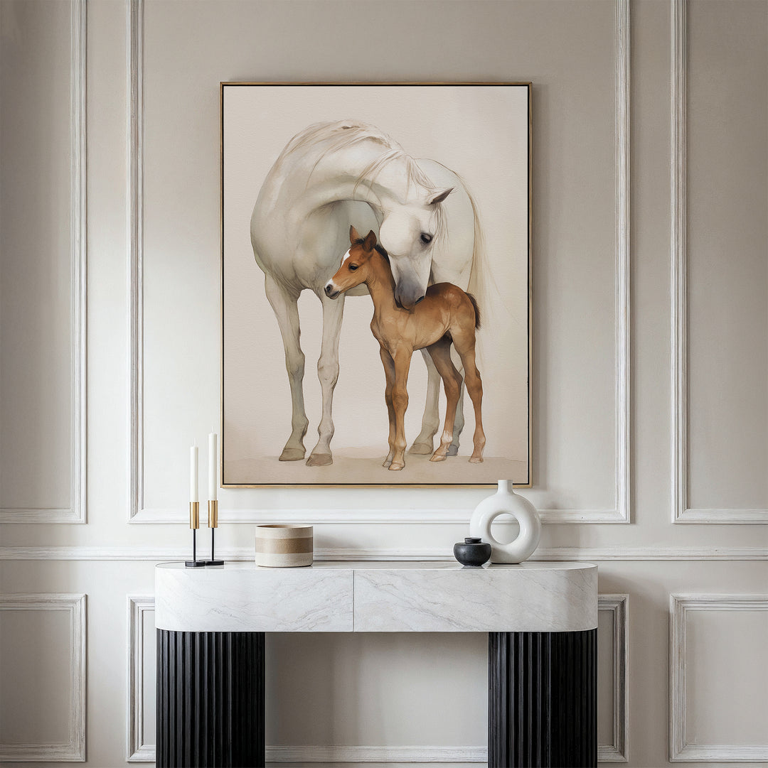 The Gentle Bond Canvas Art, featuring a white horse nuzzling a brown foal in neutral tones, is displayed on an elegant cream-paneled wall above a marble console table adorned with modern decor.