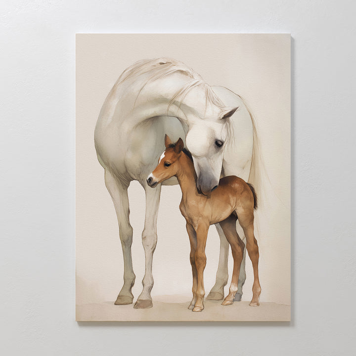 Gentle Bond Canvas Art depicts a white mare nuzzling a light brown foal, both together against a soft, neutral background—elegant wall art that adds warmth and tenderness to refined interiors.