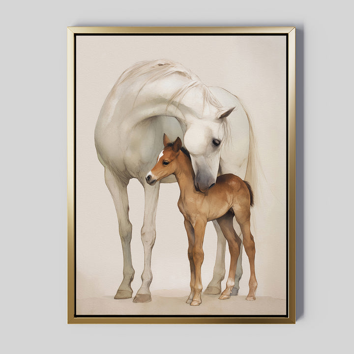 Gentle Bond Canvas Art features a framed painting of a white horse nuzzling a brown foal on a neutral palette, beautifully capturing their affection—ideal wall decor for sophisticated interiors.