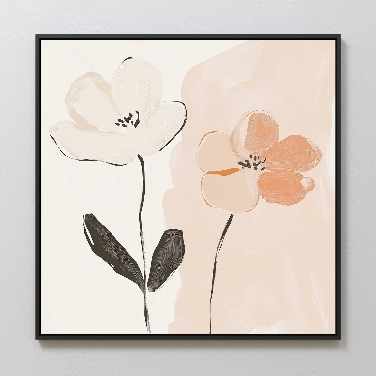Gentle Duo Canvas Art: Minimalist wall decor with two abstract flowers—one pale cream, one soft peach—black stems and leaves on a light beige background in a sleek black frame. Perfect floral accent for bedroom decor.