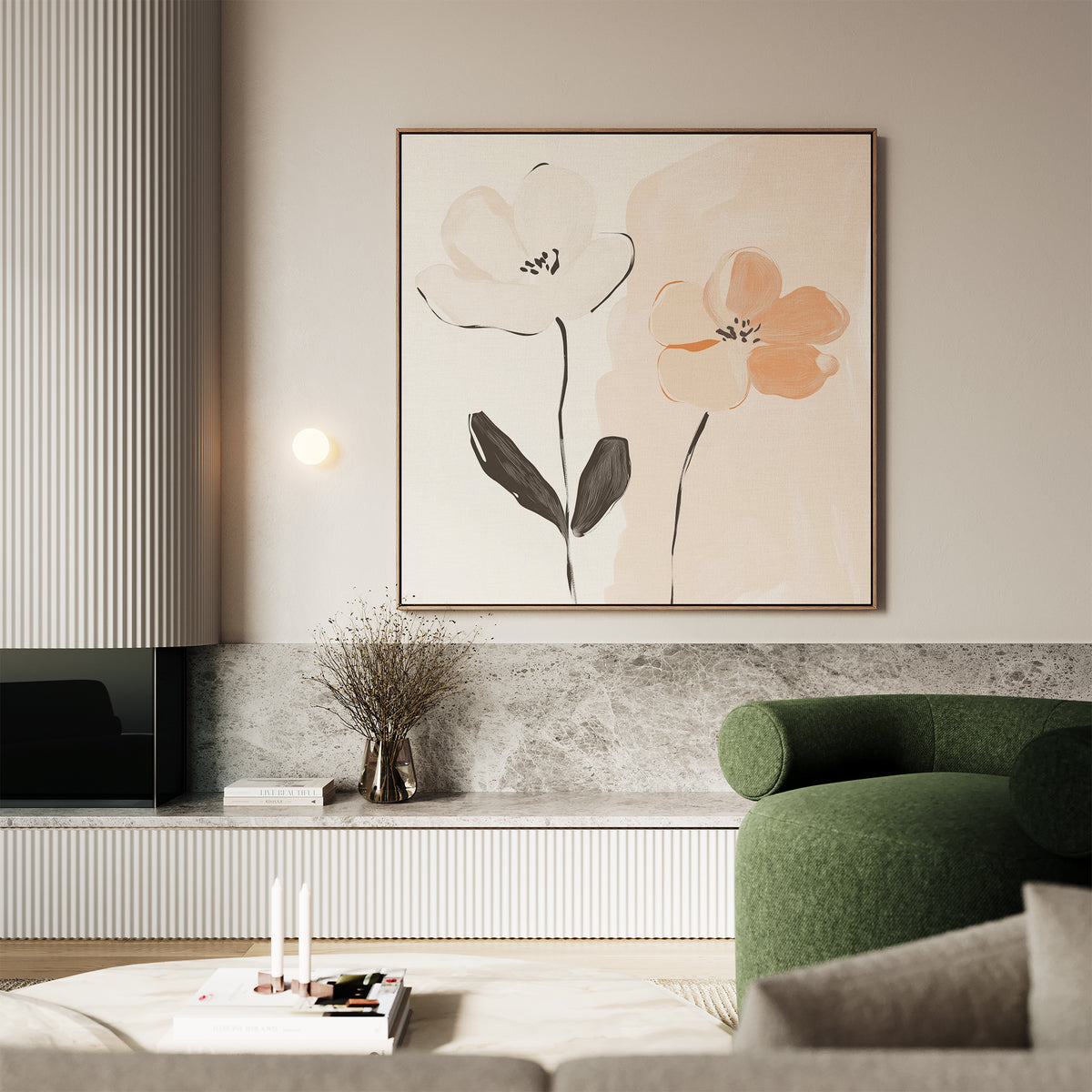 A modern living room featuring the Gentle Duo Canvas Art, a green curved armchair, a marble shelf with dried flowers, and a coffee table decorated with candles and books.