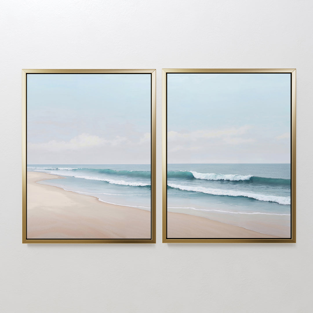 The Gentle Surf Set of 2 features framed beach paintings with gentle waves and blue skies, making this coastal wall art a calming addition to your bedroom or living room decor.