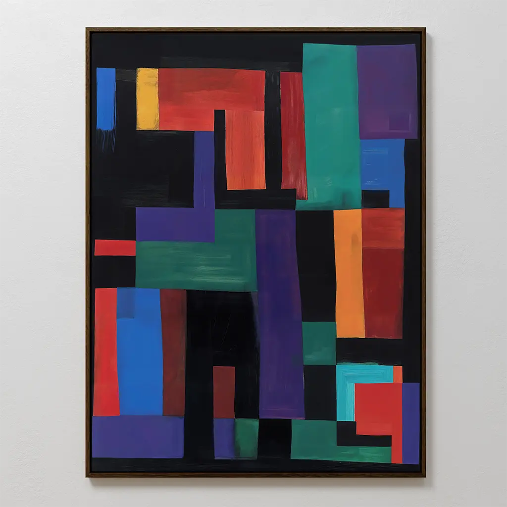 The Geometric Mosaic Canvas Art features overlapping rectangles in red, blue, green, purple, yellow, and orange on a black background in a simple dark frame—ideal for adding bold, modern style to your living room.
