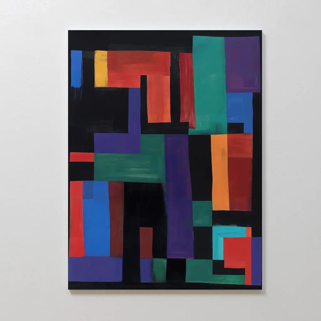 Geometric Mosaic Canvas Art features colorful geometric shapes and rectangles in red, blue, green, purple, orange, and turquoise on a black background—perfect bold wall art for a modern living room.