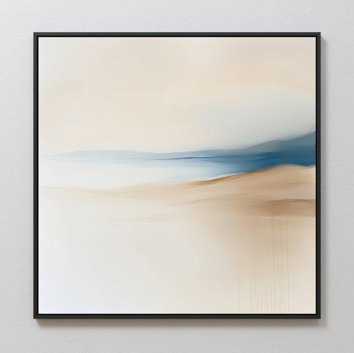 Golden Drift Canvas Art features soft beige, cream, and light blue tones with gentle, blurred transitions and sweeping horizontal lines in a black frame—ideal for adding elegant style to your living room or bedroom decor on light walls.