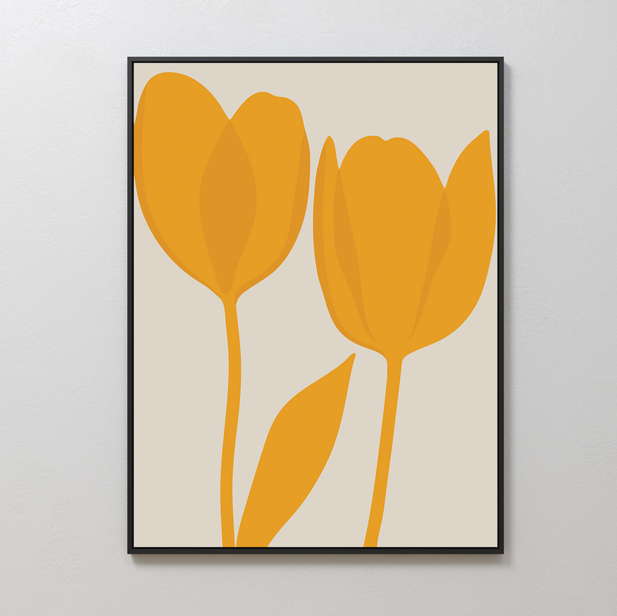 The Golden Tulips Abstract Canvas Art features two stylized orange tulips with long stems and a single leaf on a light beige background in a black frame—an elegant, minimalist piece ideal for living room decor.