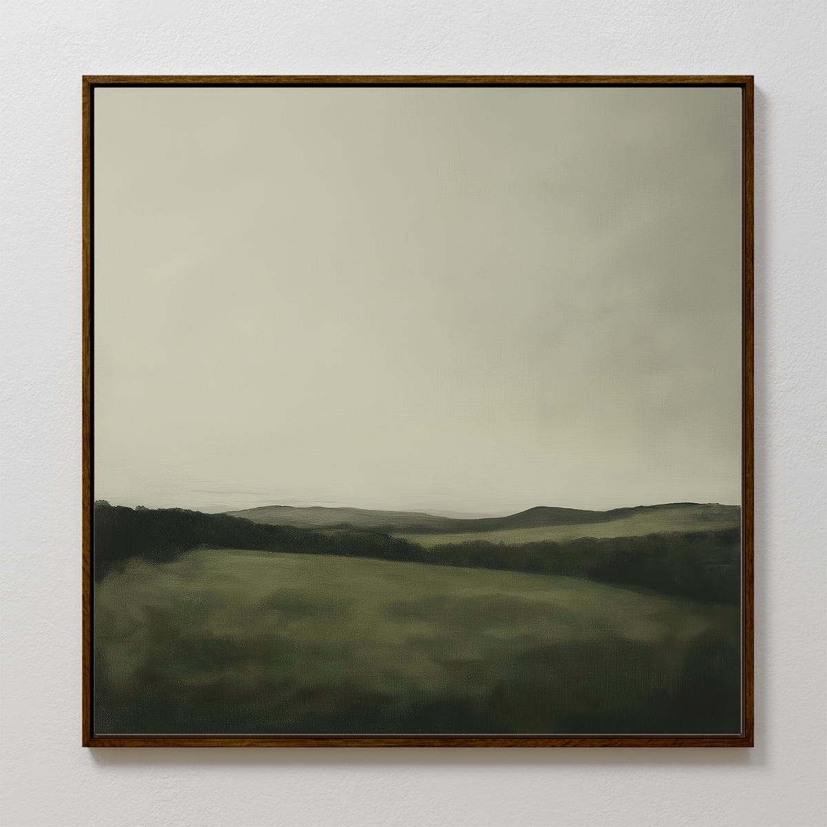 Hills at Dusk Canvas Art is a framed minimalist painting featuring rolling green hills beneath an overcast sky in soft, muted tones—a perfect wall art print to enhance your living room decor.