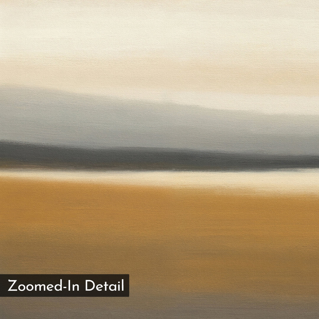 The Honey Mesa Canvas Art features a blurred, abstract landscape with soft horizontal bands of beige, gold, gray, and cream, evoking sky and plains. Perfect minimalist wall art for a modern living room. “Zoomed-In Detail” is labeled in the bottom left.