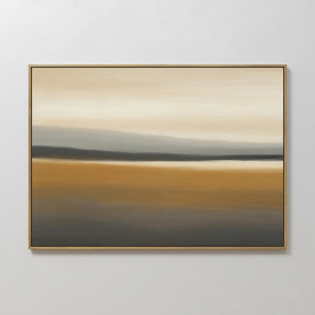 The Honey Mesa Canvas Art features horizontal bands of beige, gold, gray, and cream, creating a tranquil landscape. This framed abstract painting is a calm, modern decor accent and a minimalist wall art piece for any space.
