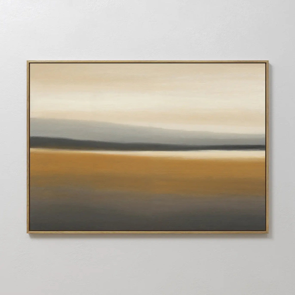 The Honey Mesa Canvas Art features horizontal bands of beige, gold, gray, and cream, creating a tranquil landscape. This framed abstract painting is a calm, modern decor accent and a minimalist wall art piece for any space.