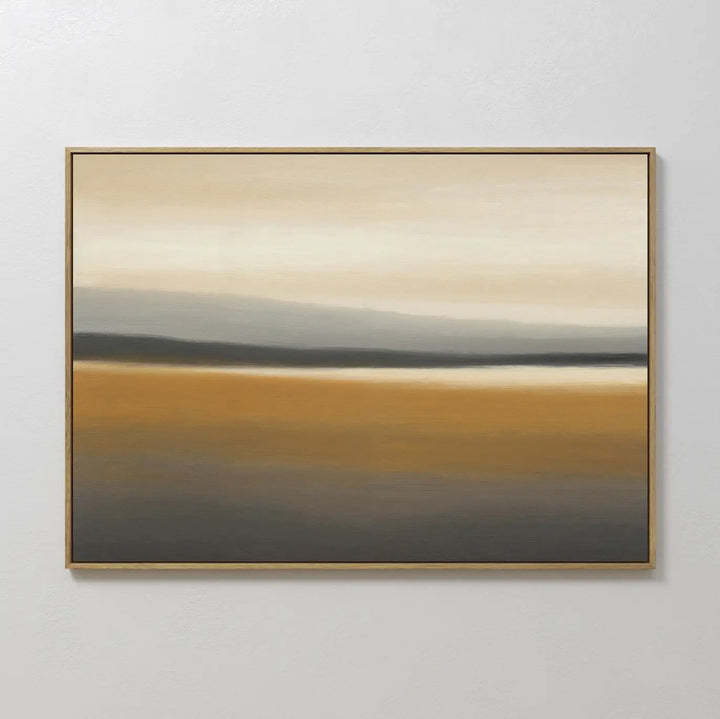 The Honey Mesa Canvas Art features horizontal bands of beige, gold, gray, and cream, creating a tranquil landscape. This framed abstract painting is a calm, modern decor accent and a minimalist wall art piece for any space.