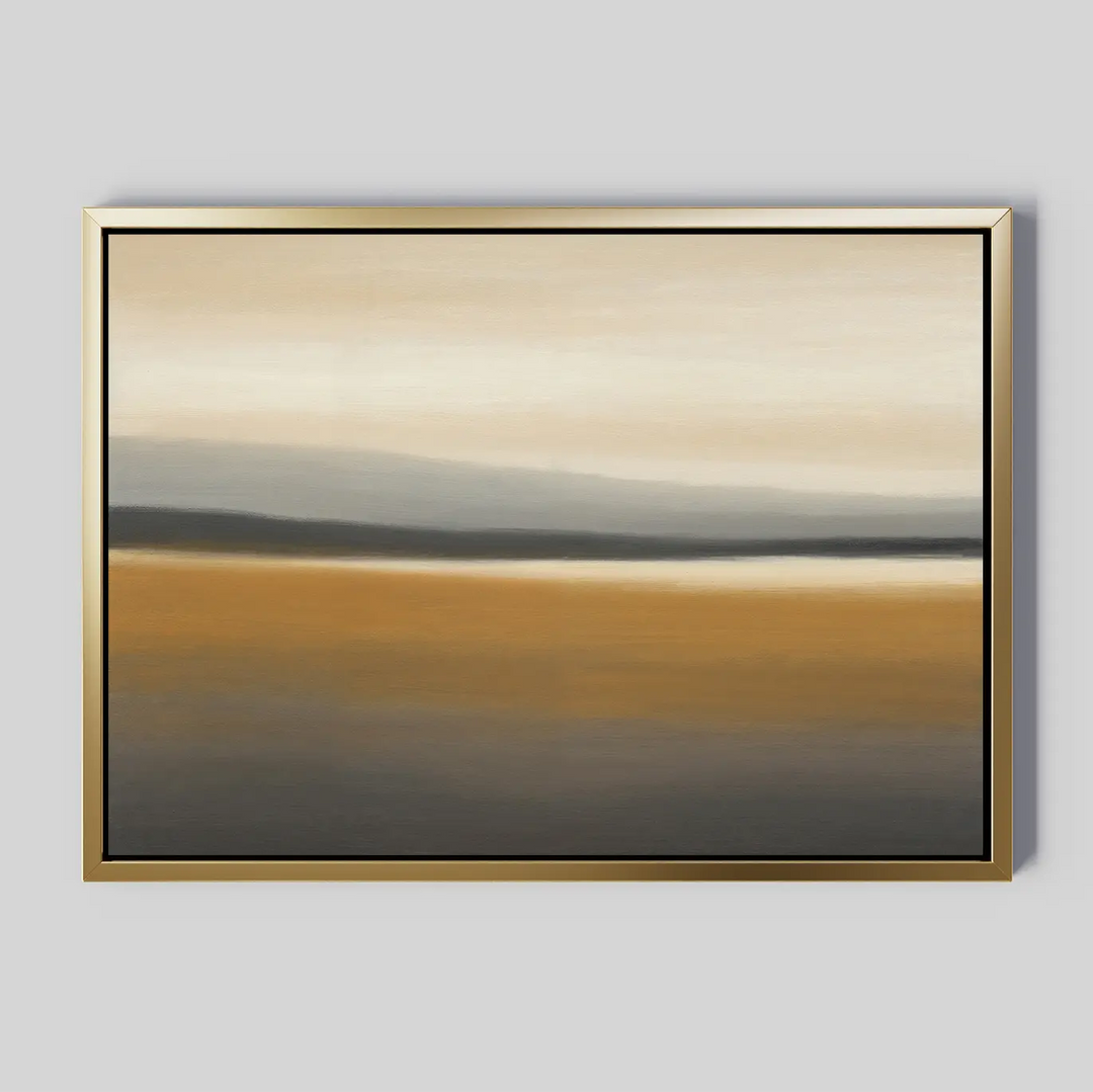 The Honey Mesa Canvas Art features soft, horizontal layers of beige, gold, gray, and white for a serene, minimalist effect—perfect as framed landscape wall art to complement modern home decor on a light gray wall.