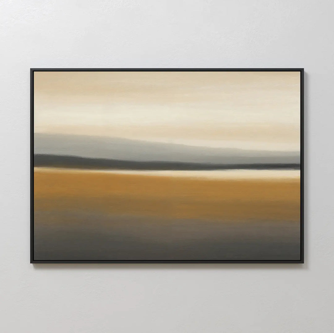 The Honey Mesa Canvas Art features blurred horizontal bands of beige, gray, white, and mustard yellow in a minimalist design, creating a calm landscape effect—ideal for modern home decor on a light gray wall.