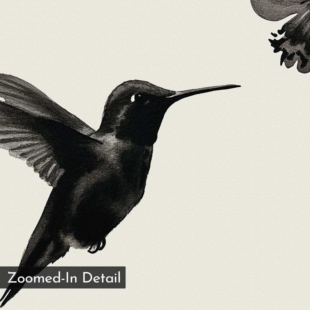 The Hummingbird Motion Canvas Art features a black ink illustration of a hummingbird near a flower, with "Zoomed-In Detail" in the corner, on an off-white background—perfect minimalist wall art for modern decor.