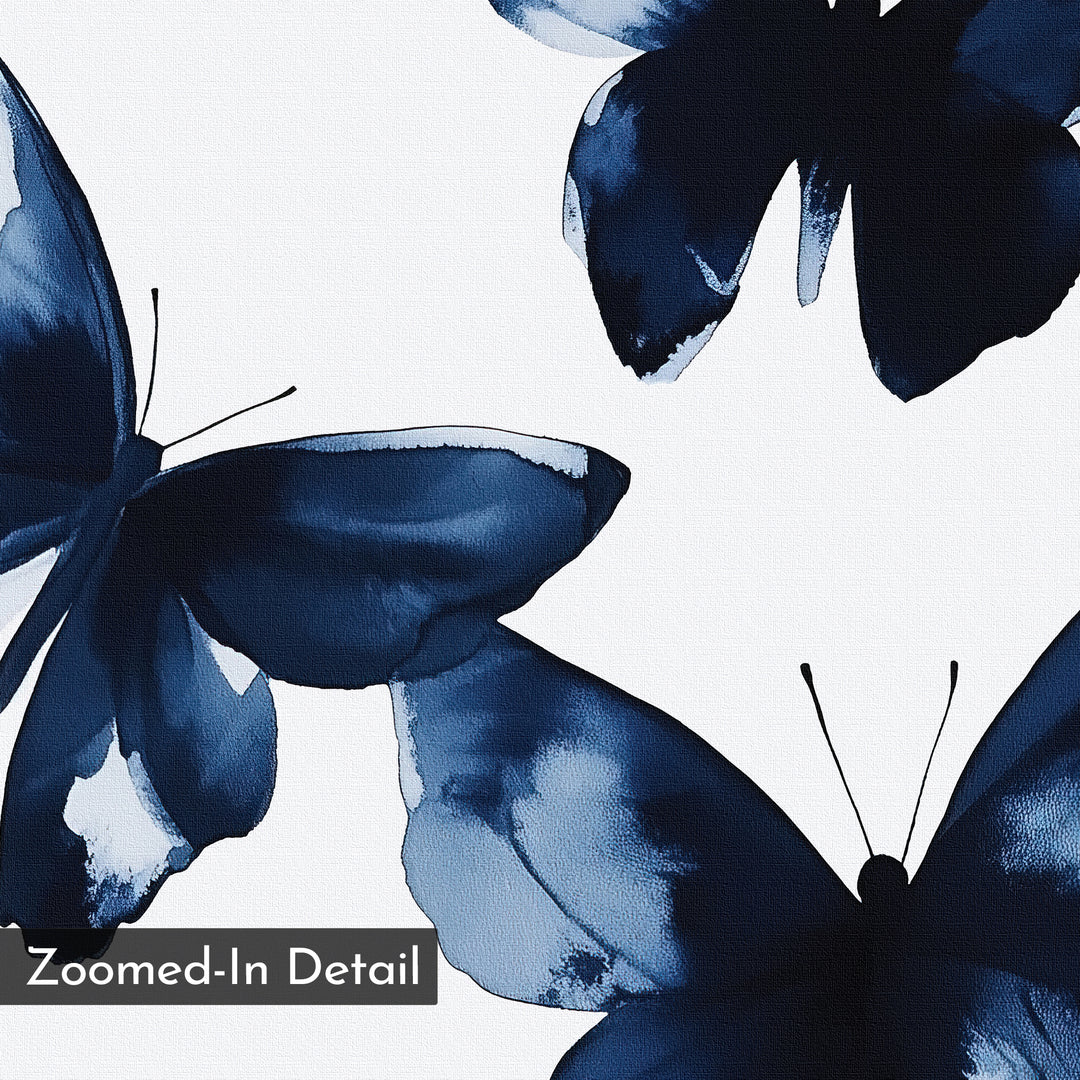 Indigo Flutter Canvas Art features watercolor-style navy blue abstract butterflies with dark gradient wings on a white background. A close-up of wing details is shown, with “Zoomed-In Detail” in the bottom left corner.