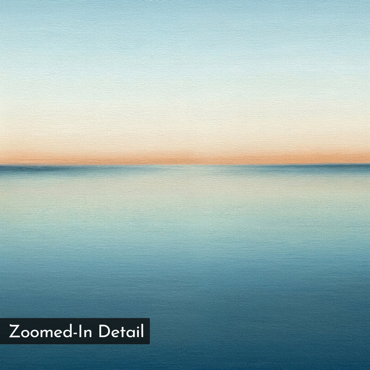 The Indigo Passage Set of 2 features minimalist art with a calm blue sea blending into a pale sky and soft orange horizon—perfect for modern living room decor. "Zoomed-In Detail" is noted in the bottom left corner of the image.