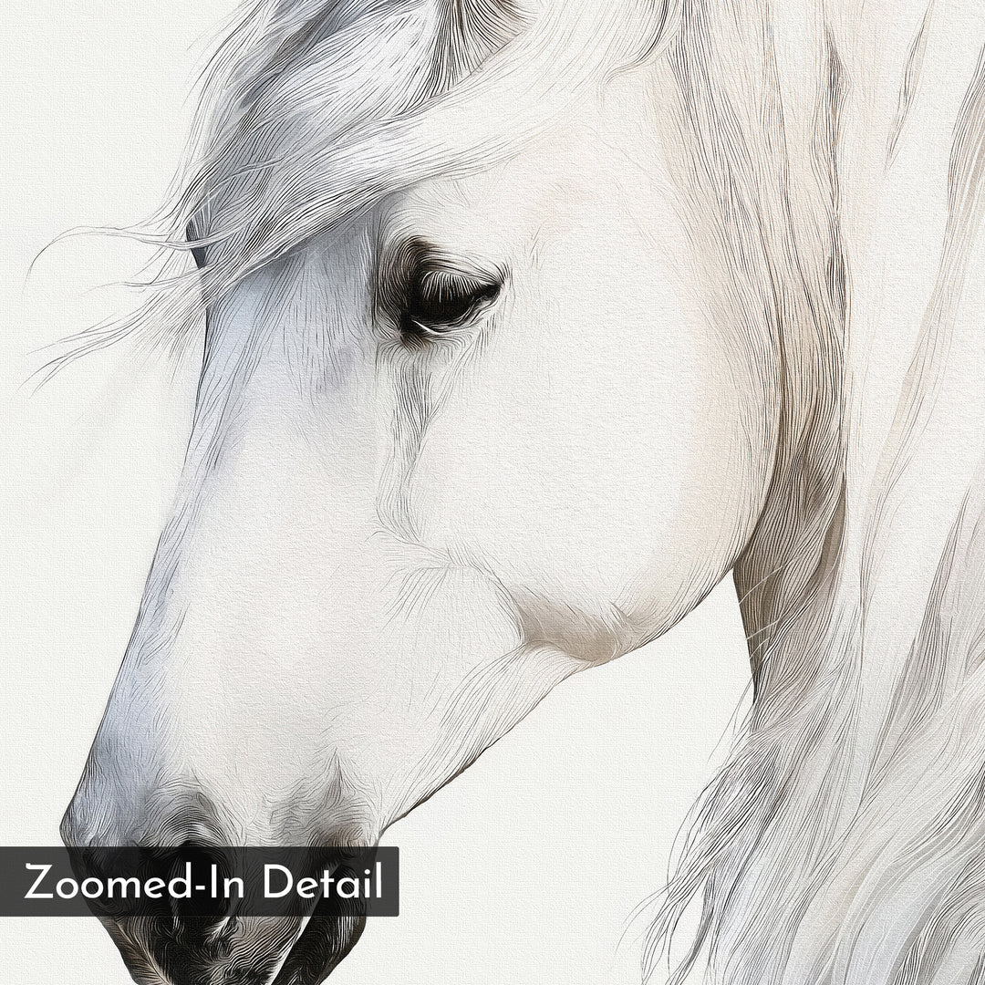 Ivory Mane Canvas Art showcases a close-up illustration of a white horse’s face and mane with fine pencil-style lines, minimalist background, and “Zoomed-In Detail” label in the lower left corner.