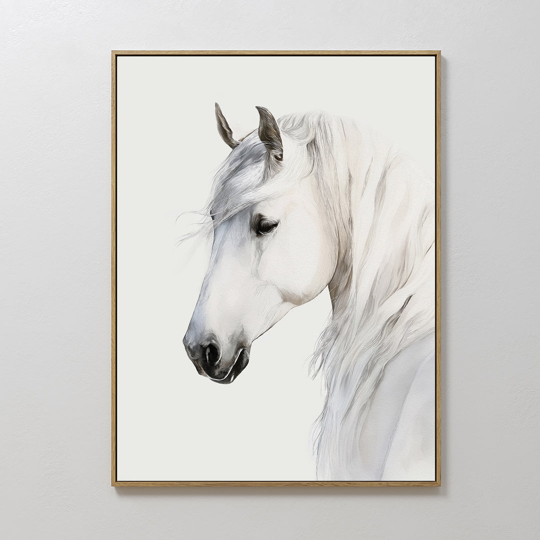Ivory Mane Canvas Art features a framed side profile of a calm, elegant white horse with a flowing mane on a plain background—ideal minimalist wall décor for any space.