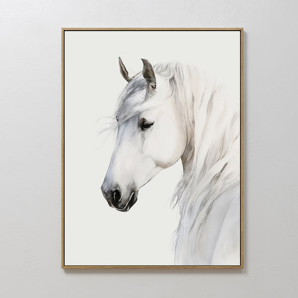 Ivory Mane Canvas Art features a framed side profile of a calm, elegant white horse with a flowing mane on a plain background—ideal minimalist wall décor for any space.