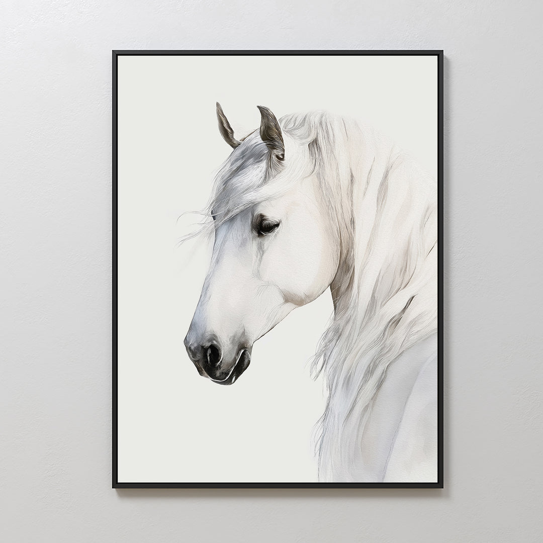 The Ivory Mane Canvas Art features a realistic white horse with a flowing mane on a white background, creating striking minimalist wall decor perfect for light-colored walls.