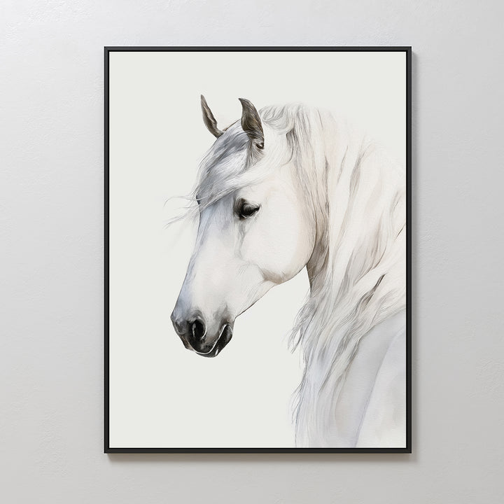 The Ivory Mane Canvas Art features a realistic white horse with a flowing mane on a white background, creating striking minimalist wall decor perfect for light-colored walls.