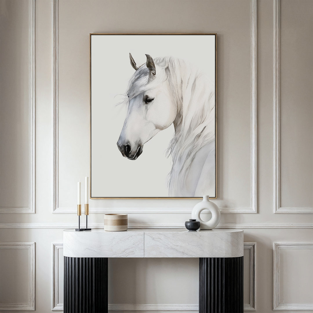 The Ivory Mane Canvas Art, a framed white horse print, hangs above a marble-top console with candles and vases, adding minimalist elegance—perfect wall decor for lovers of contemporary art.