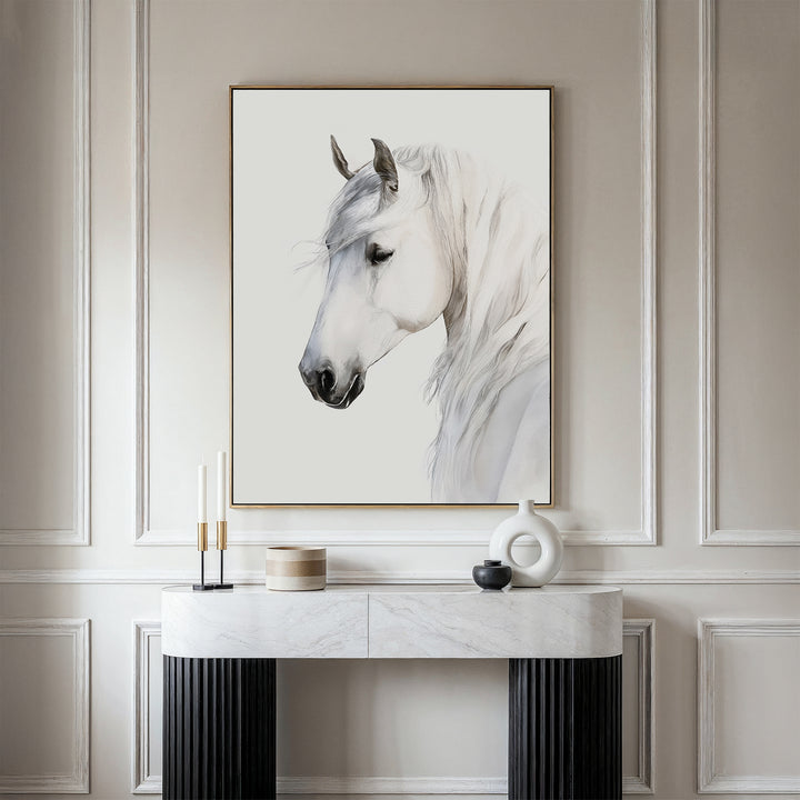 The Ivory Mane Canvas Art, a framed white horse print, hangs above a marble-top console with candles and vases, adding minimalist elegance—perfect wall decor for lovers of contemporary art.