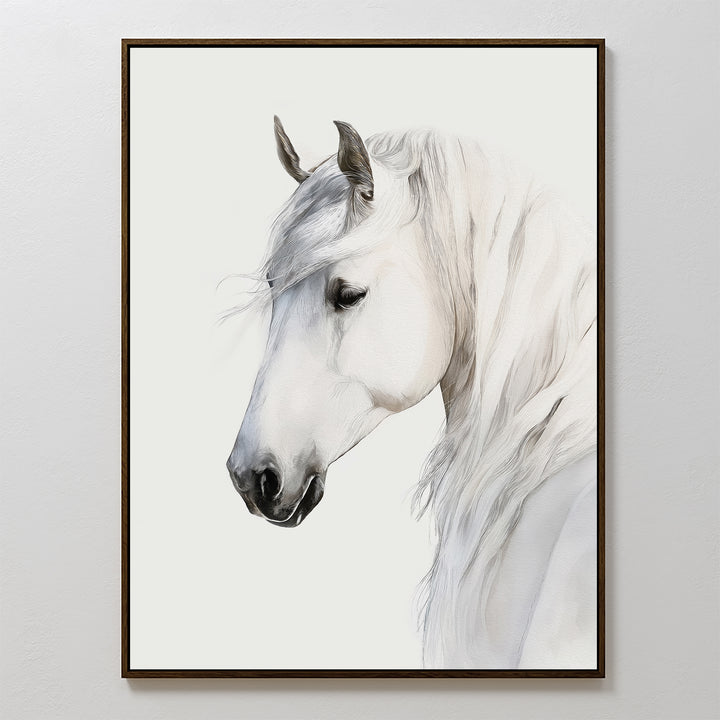 The Ivory Mane Canvas Art features a calm, elegant white horse in side profile with a flowing mane on a plain background. This minimalist framed print adds refined detail and sophistication to any space.