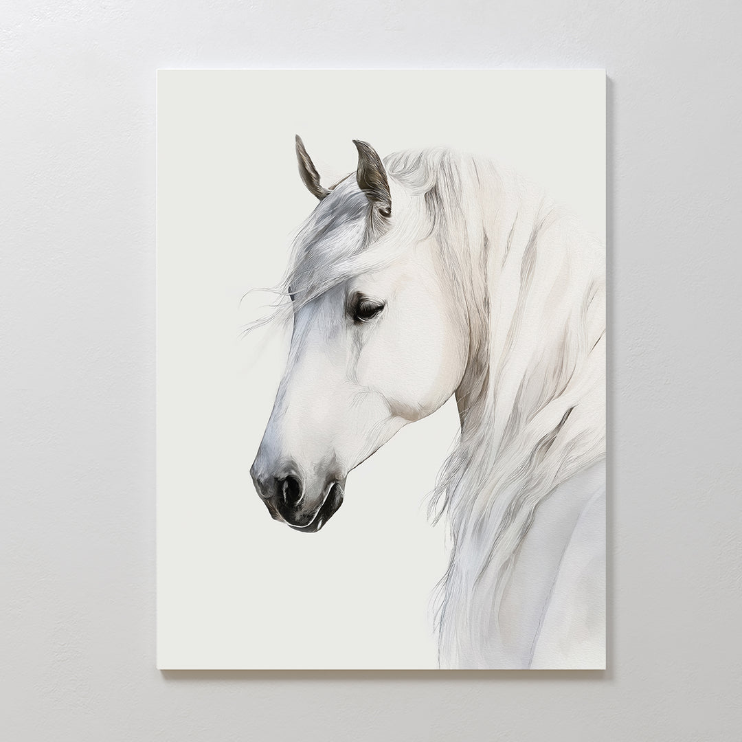 Ivory Mane Canvas Art features a realistic white horse in profile with a flowing mane against a light background. The horse’s calm expression makes this minimalist wall art ideal as large wall decor for any space.