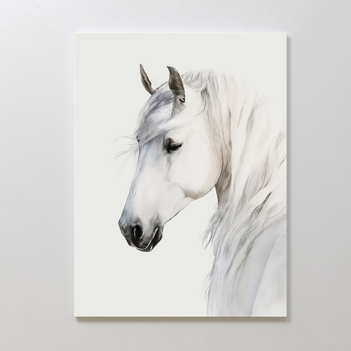 Ivory Mane Canvas Art features a realistic white horse in profile with a flowing mane against a light background. The horse’s calm expression makes this minimalist wall art ideal as large wall decor for any space.