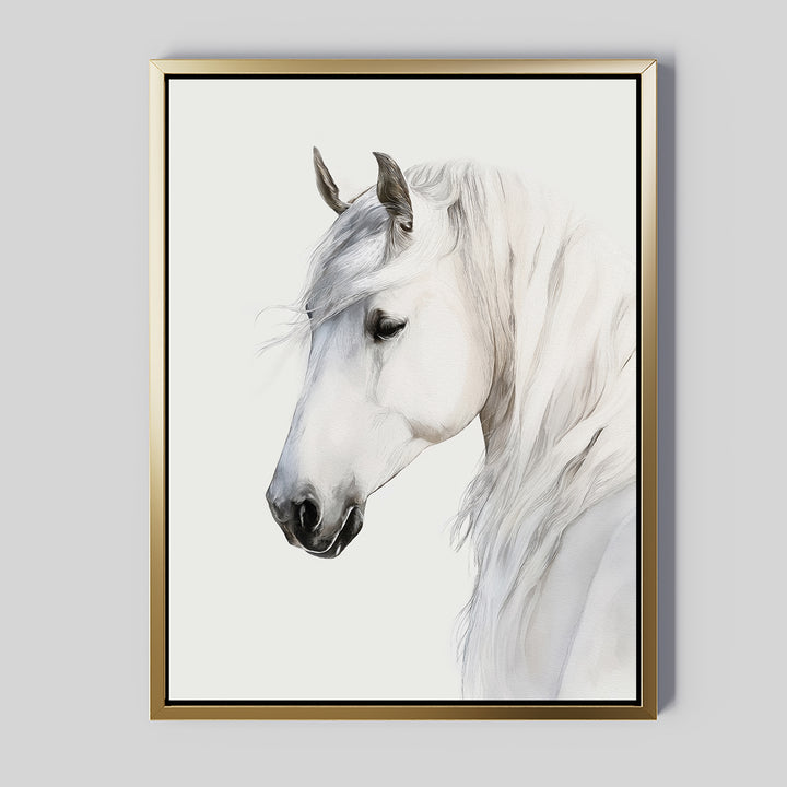 Ivory Mane Canvas Art features a white horse in profile with a flowing mane on a light background. The gold frame with black inner edge adds elegance, making this minimalist piece ideal as large wall art for any modern space.