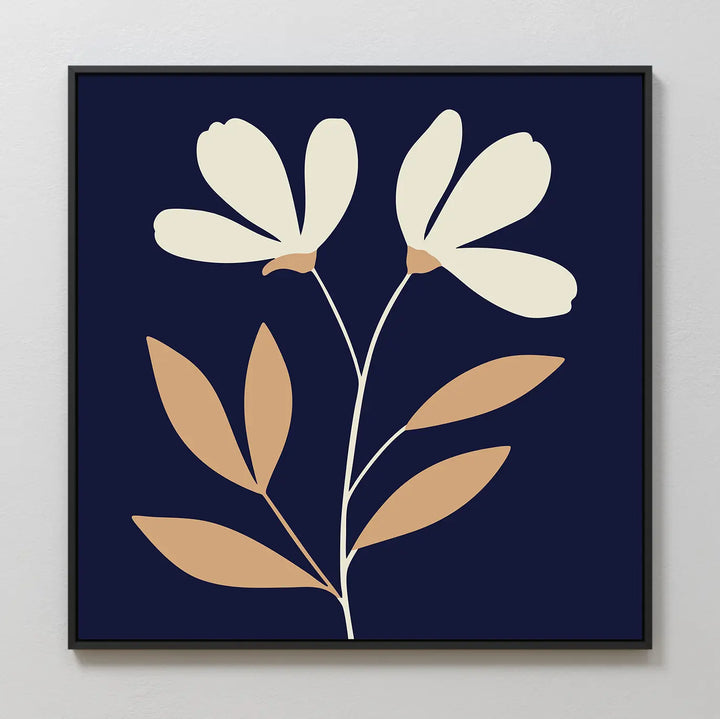 Ivory Stems Canvas Art features a minimalist floral design with two cream flowers, beige leaves, and ivory stems on a dark navy background, elegantly framed in black—ideal for modern decor.