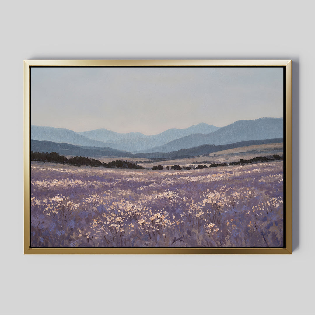 Lavender Terrain Canvas Art features a serene lavender field with mountains and a pale sky. Soft purples, blues, and whites create a peaceful large wall art piece perfect for enhancing any space.