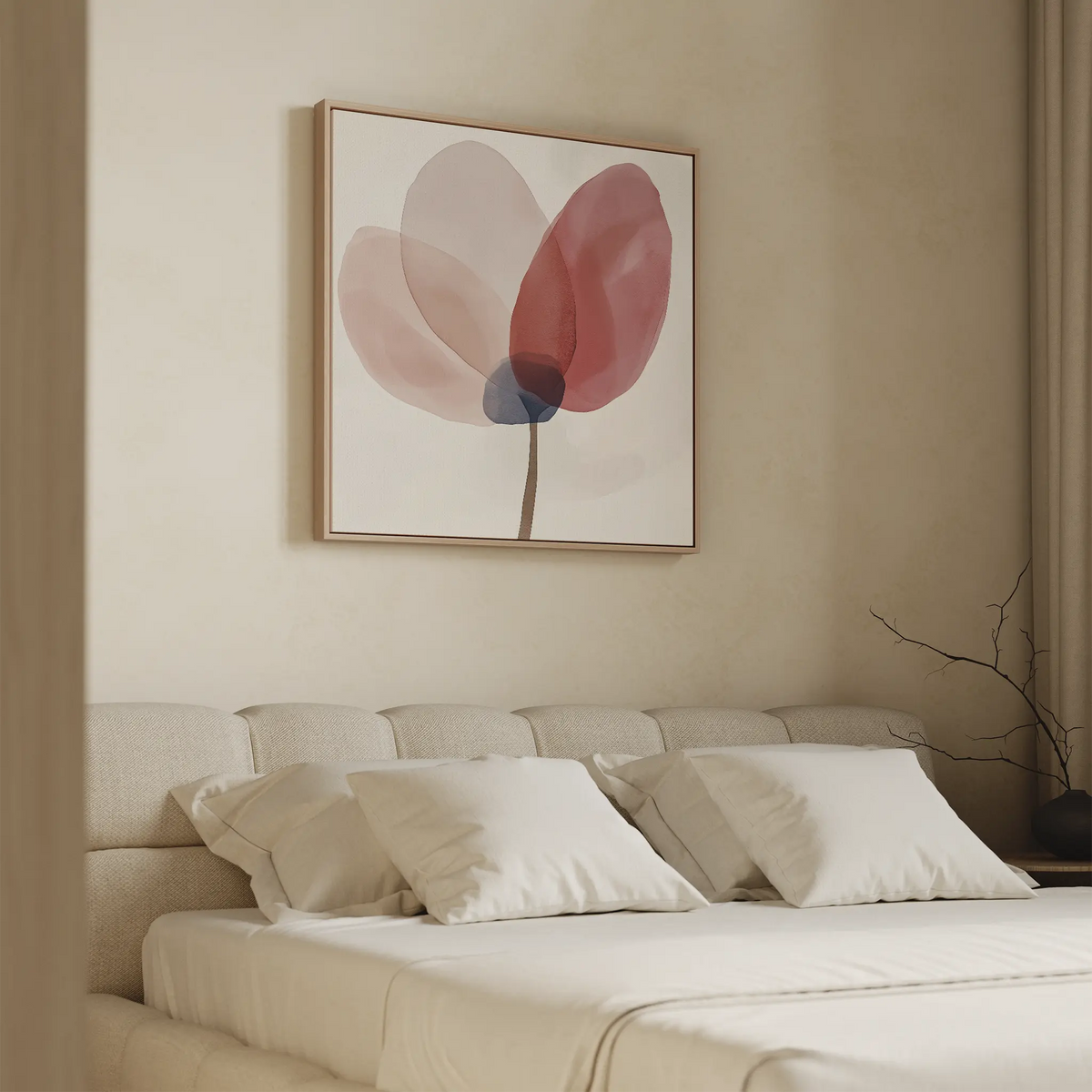 Minimalist bedroom with a beige upholstered bed, white pillows, and a cream wall. Above the bed hangs the Layered Bloom Canvas Art—modern abstract floral wall decor in blush pink, red, and blue tones.