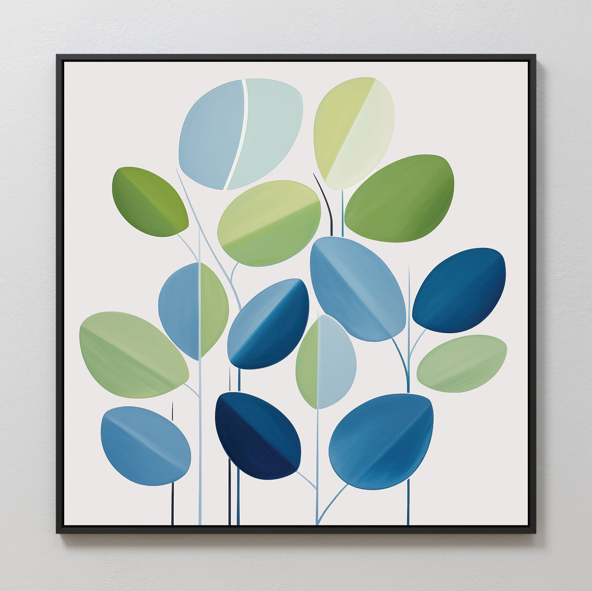 Layered Stillness Canvas Art is a framed abstract piece featuring stylized green, blue, and teal leaves on thin stems over a white background—ideal for modern living room decor.