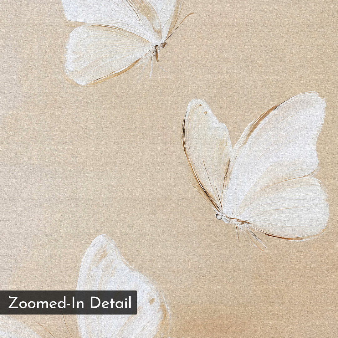 A close-up of the Linen Wings Canvas Art reveals three delicate, translucent butterflies on a beige and white background. Elegant wall decor is highlighted, with the text "Zoomed-In Detail" in the lower left corner.