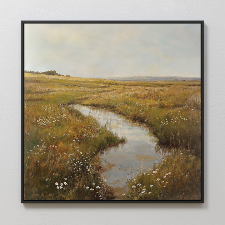 The Marshland Stream Canvas Art features a tranquil meadow with wildflowers, tall grasses, and a winding stream under a cloudy sky—an ideal wall decor piece to bring serene beauty to your living room.